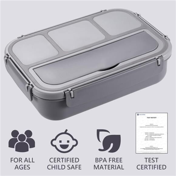Adult & Kids Bento Lunch Box -4-Compartment Meal Container‎ with Utensils, Gray - Picture 5 of 8